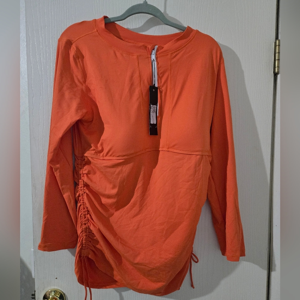 18W Keeprone Orange Padded Longsleeve Bathingsuit Top Cinched Sides. Partial Zip